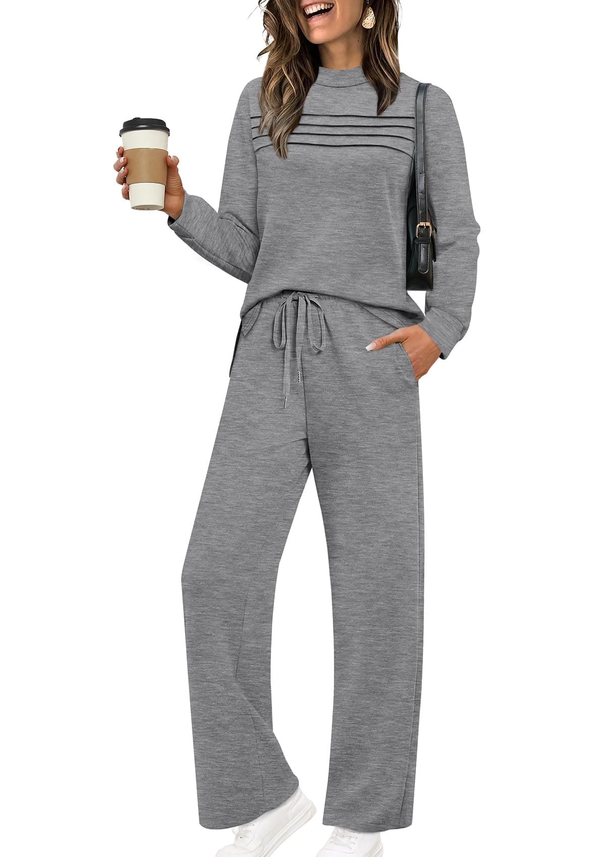 WIHOLL Workout Sets for Women Grey Two Piece Outfits for Women Oversized Wide Leg Pants Matching Clothng Set Long Sleeve Travel Tracksuits Casual Fall Loungewear 2XL