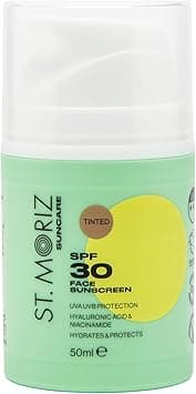 St Moriz Suncare SPF 30 Tinted Face Sunscreen UVA UVB Protection SPF 30 Daily Use Sunscreen Face Lotion with Tinted Coverage Hyaluronic Acid Niacinamide Dermatologically Tested Vegan 50ml