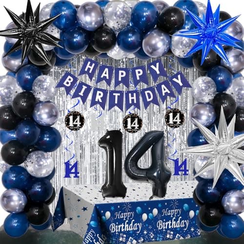 14th Birthday Decorations for Boys and Girls Dark Blue 14 Party Decorations with HAPPY BIRTHDAY Banner 14 Balloon Number Tablecloth Foil Star Balloons Garland Arch Kit14 Year Old Party Supplies
