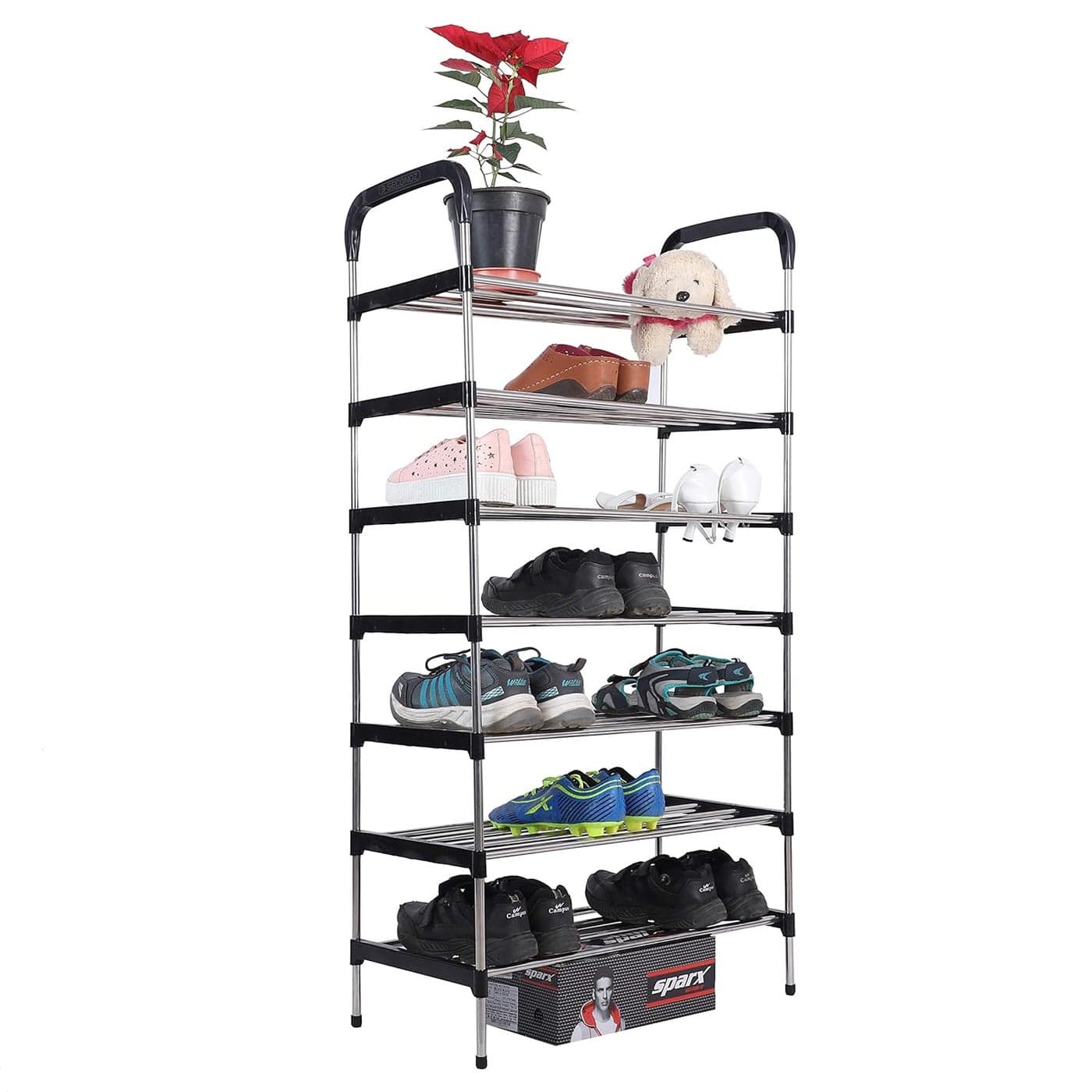 Three Secondz MultiPurpose Steel Shoe RackPortable Shoe RackShoe CabinetShoe Organizer Foldable Portable Metal Shoe Rack Cabinet Shelf Home Furniture 7 Shelves Black