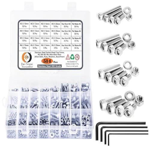 Epi-Torque M3 M4 M5 M6 Stainless Alloy Steel 202 Grade Socket Head Cap Screws Nuts Allen Bolt Washer with Allen Keys Assortment Kit Set with Storage Box Pack of 514 Pcs