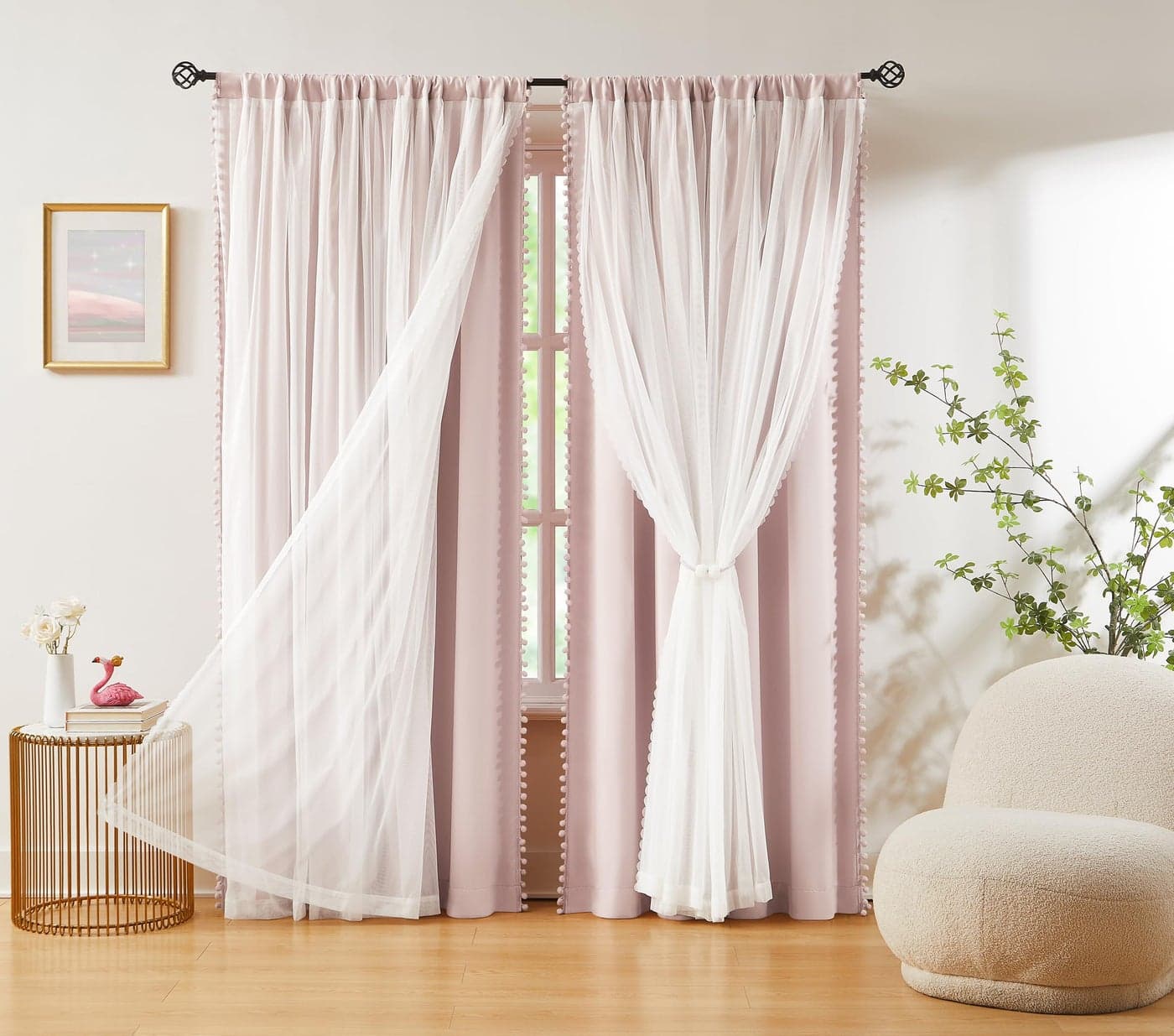 Pink Blackout Curtains with Sheer Overlay for Bedroom, Mix & Match Double Layer Pom Pom Curtains for Girl Nursery, Living Room, Rod Pocket Thermal Insulated Window Panels with Tiebacks 52W X 84L, 2pcs