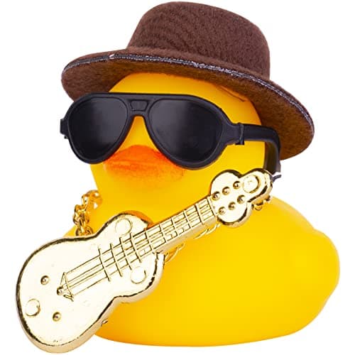 MuMyer Car Rubber Duck Ornaments Yellow Duck Car Dashboard Decorations with Mini Top Hat Guitar Sunglasses Necklace(G1)