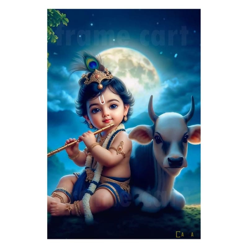 Frame Cart Baby Krishna Poster - Bal Gopal Photo | Kanha Ji Religious photo for Pregnant Women Bedroom Wall | Unframed Vinyl Poster 12x18 (Design 14)