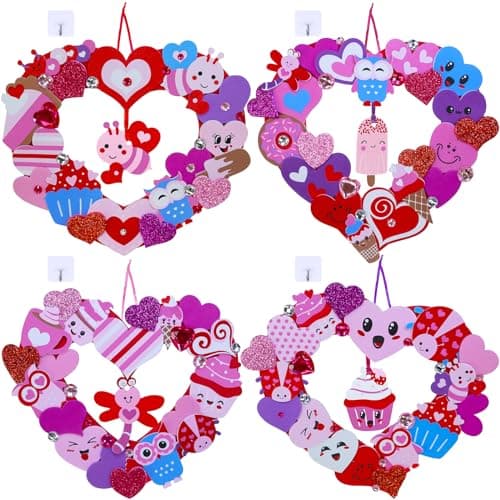 Winlyn Heart Wreath Ornaments Decorations Crafts Kits Heart Shaped Wreath Art Sets with Foam Stickers for Kids Valentines Day Party Classroom Activities