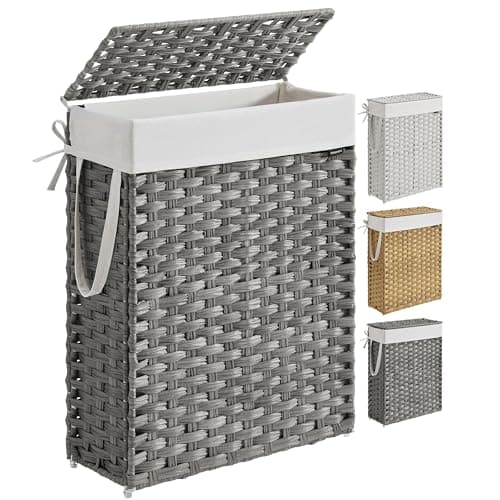 SONGMICS Slim Laundry Hamper with Lid, 14.5 Gallon (55L) Rattan Clothes Laundry Basket with Lid and Handles, Foldable, Removable Liner, Dove Gray ULCB164G01