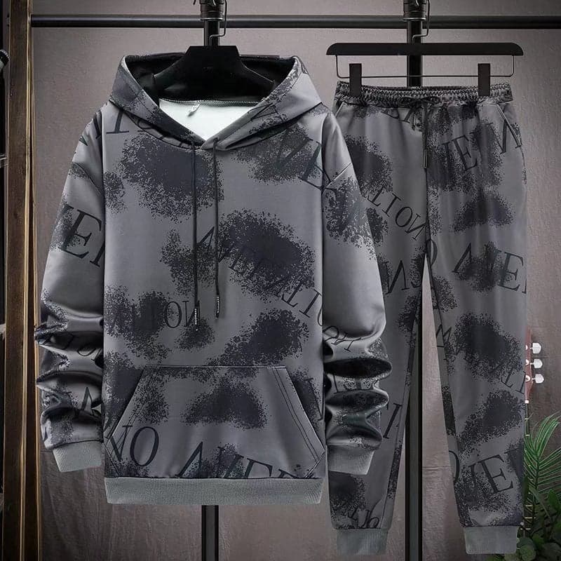 Spring and Autumn men's clothing suit hooded sweater printed coat male students teenagers loose leisure sports two-piece suit