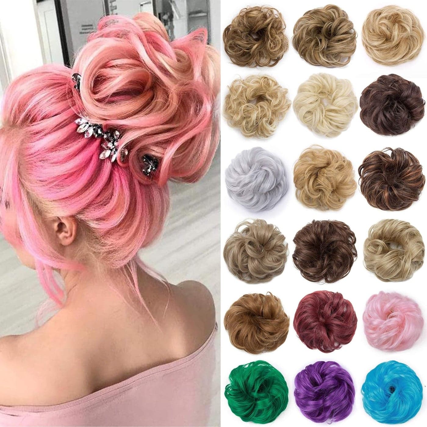 Benehair Messy Bun Hair Piece Thick Scrunchy Updo Hair Pieces for Women Wavy Hair Bun Scrunchies Donut Chignon Hairpiece with Elastic Rubber Band Hot PinkThicker 1pc 45g