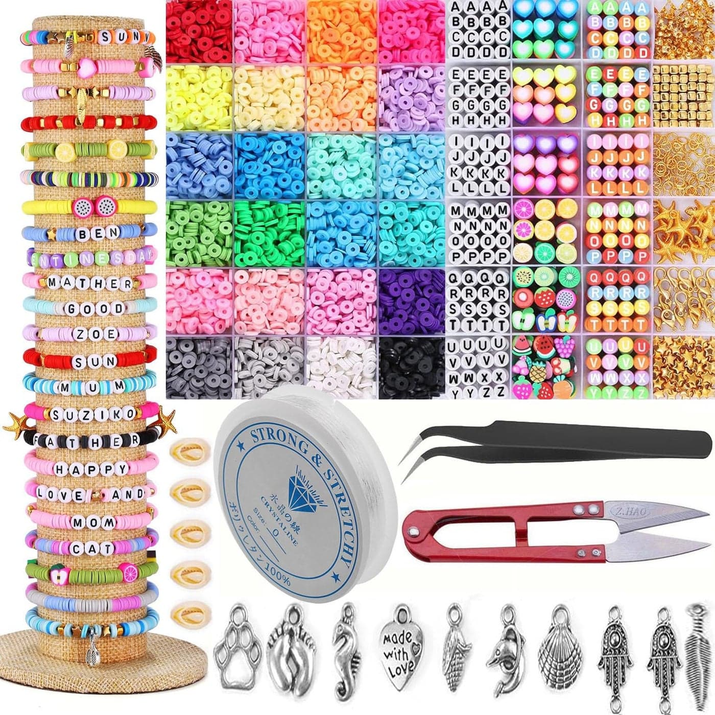 DIY Crafts Unssorted Bracelet Jewelry Making Kit Polymer Clay Beads, Random Colors Letter Beads Friendship Bracelets Heshi Beads with Charms Strings Crafts Gift for Girls Adults Contain Pcs:- (1100)
