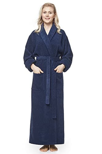 Arus Women's Long Style Full Length Robe Thick Shawl Collar Turkish Bathrobe Navy Marine Large