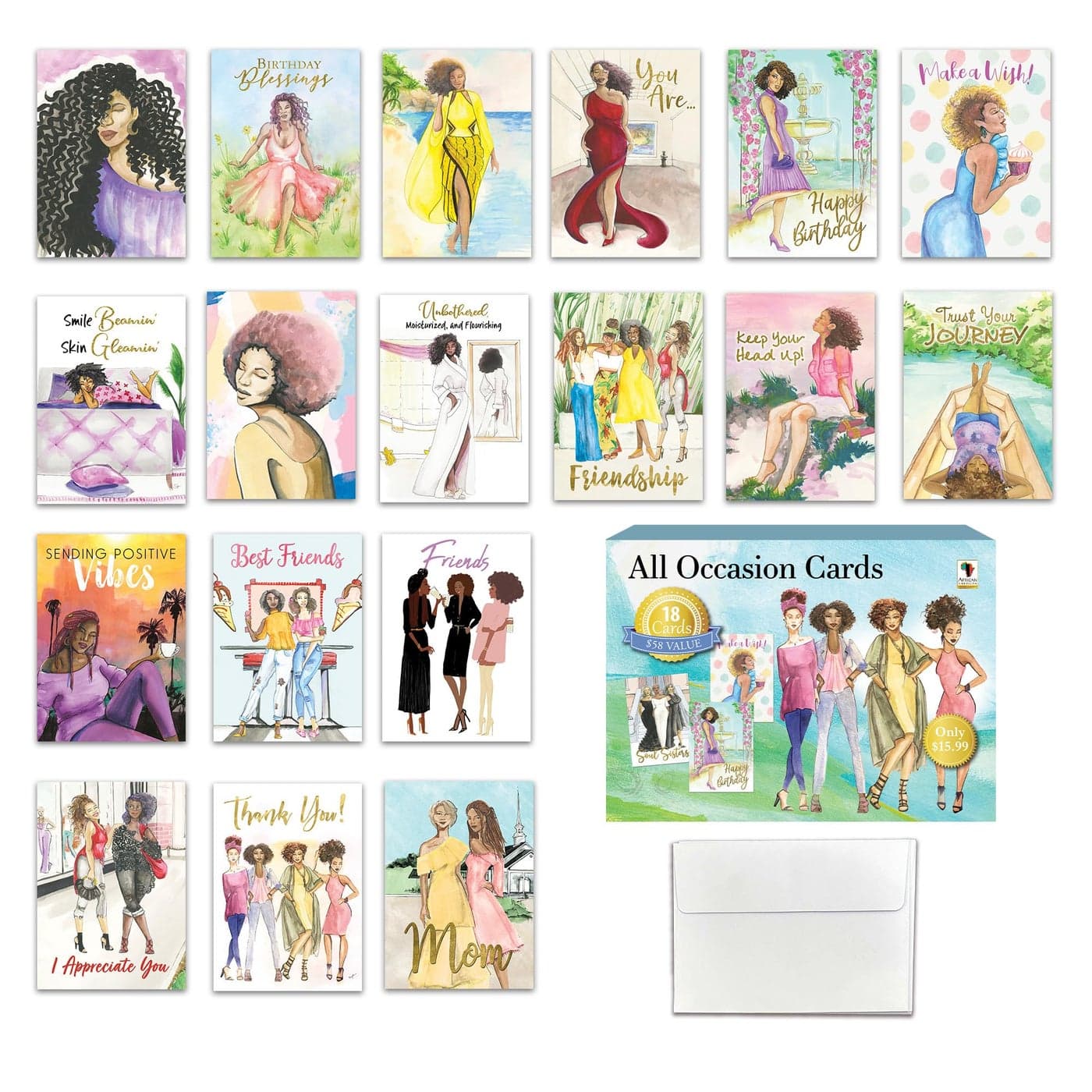 African American Birthday Cards Assortment Box Set of 18 All Occasion Black Greeting Cards with Envelopes Beautiful Black Women Designs Premium Cardstock