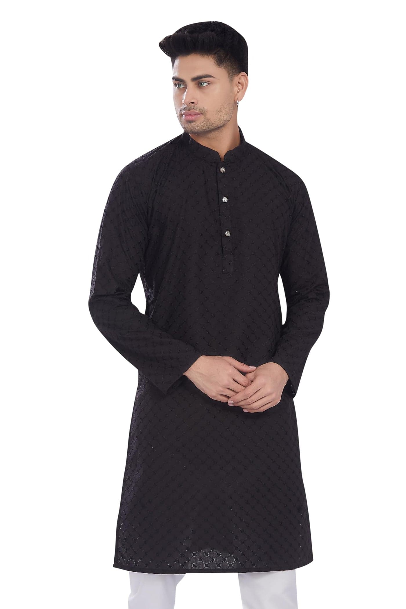 DIVISIVE Men's Thread Embroidered Cotton Only Slim Fit Kurta (DKRT635_L_Black)