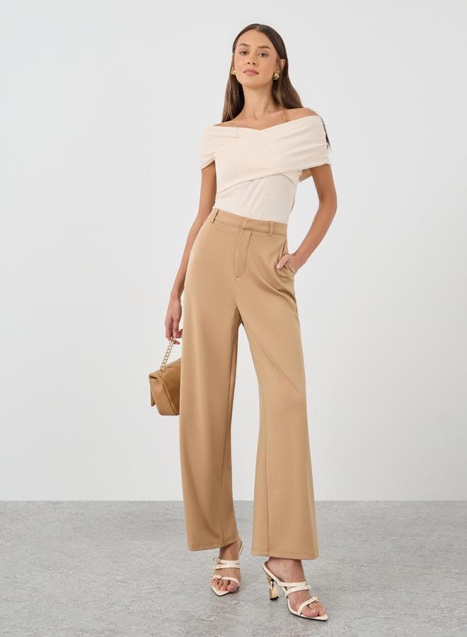 Women Beige Stretch Wide Leg Pants with Side Pockets
