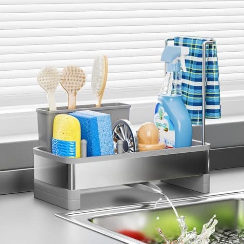 Ewaiira Stainless Steel Sink Caddy Sponge Holder for Kitchen Sink with Brush Holder Dishcloth Rack Rustproof Sink Organizer Countertop Soap Dispenser Kitchen Organizers Storage Essentials Gray98