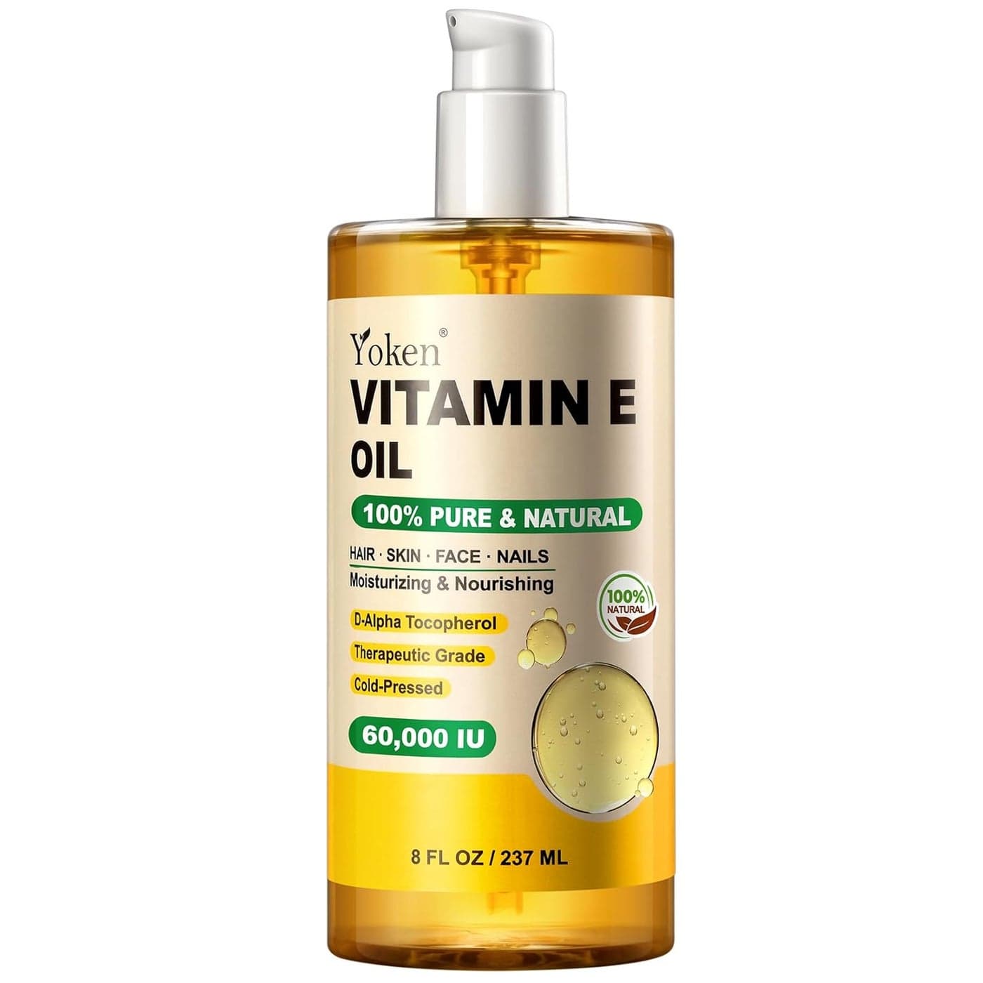 Yoken Vitamin E Oil 8 Fl Oz Organic Vitamin E oil for Skin Blend 60000 IU Vitamin E oil for Scars HairFaceNailScalp Perfect Bath and Body Oil Cold Pressed Hexane Free NonGMO Gluten Free Formula