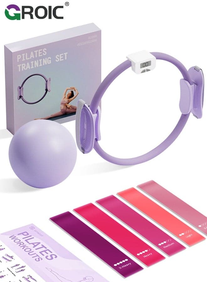 8 Pcs Pilates Ring Set, 5 TPE Booty Bands and Mini Ball, Home Fitness Kit, Pilates Circle with Count for Strength, Toning and Flexibility, Women's Pilates Essentials Yoga Kit, Purple