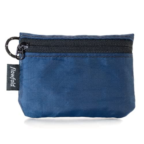 Flowfold Recycled Fabric Mini Zipper Pouch Water Repellent Small Pouch Wallet & Card Pouch for Keys, ID, Coins & AirPods Case Made in USA (Navy Blue, Recycled Material)