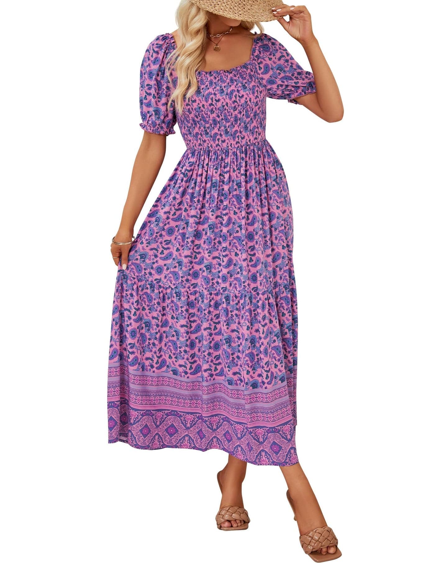 ZESICA Womens 2025 Summer Boho Floral Print Square Neck Ruffle Swing Beach Long Maxi DressPurpleMedium