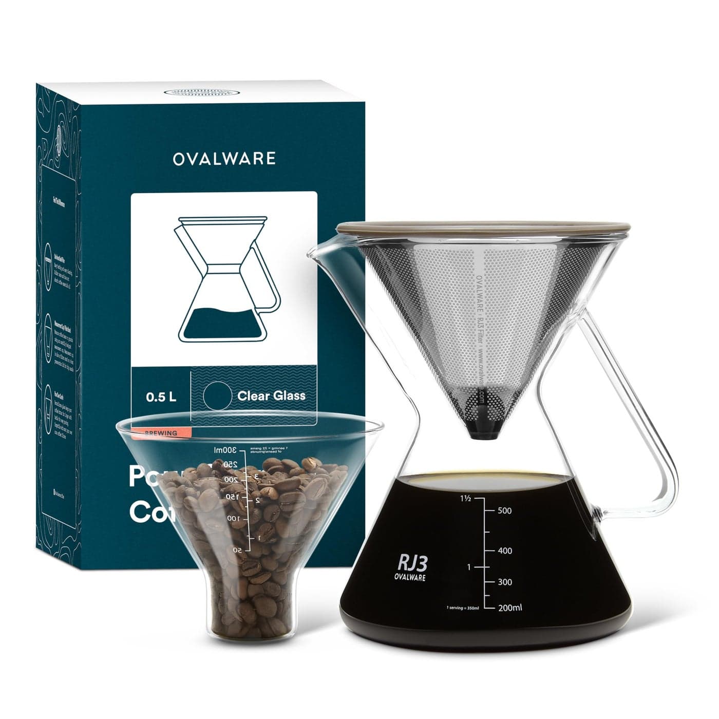 ovalware Pour Over Coffee Maker Set 17oz 05L Borosilicate Carafe with 304 Stainless Steel Filter and Precision Measuring Cup Glass Coffee Dripper for Home Brewing