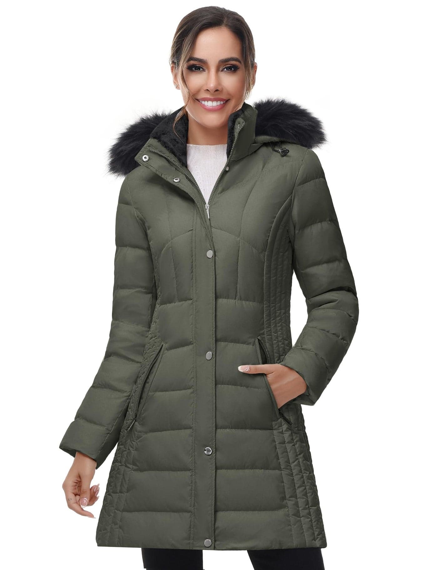 SLOW DOWN Women Winter Down Puffer Coat Warm Hooded MidLength Down Jacket for Women with Faux Fur Trim Hood and Pile Collar Olive Green XL