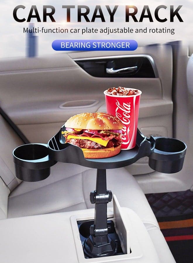 Car Food Storage Tray Table Drink Holder With Cell Phone Slot In-Car Console Seat Bottle Organizer Stand Insert 360 Degree Swivel Arm Driver's Drinking Station Black