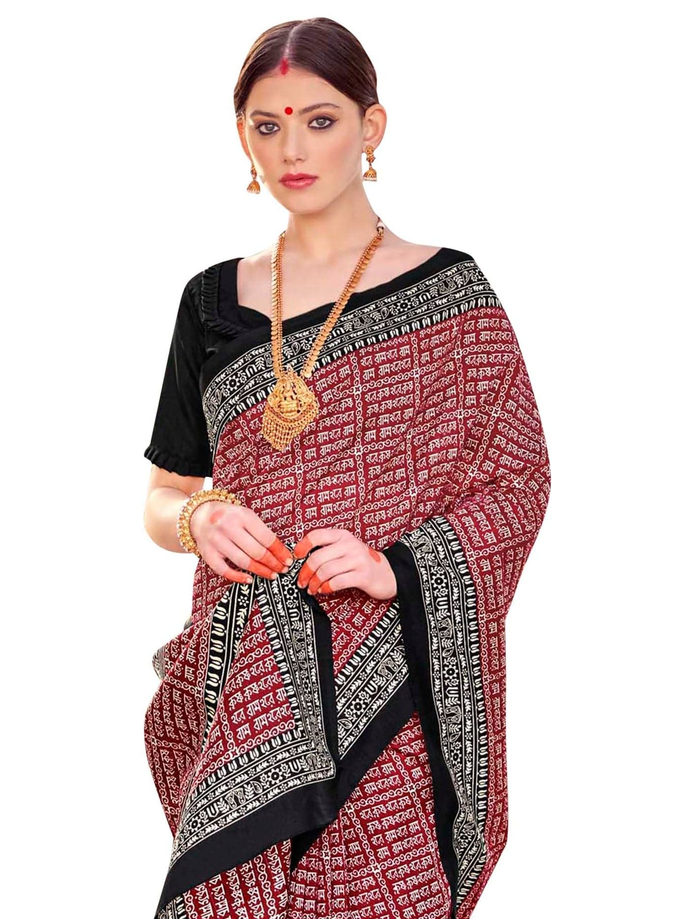 SAREE MALL Women's Bhagalpuri Silk Ethnic Motif Printed Saree With Unstitched Blouse Piece(Maroon_30WOM30908_HS)
