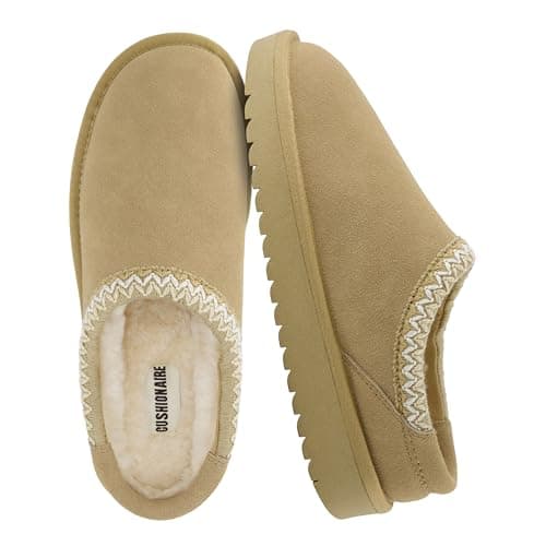 CUSHIONAIRE Keto Womens Slippers- Genuine Suede Cozy & Stylish, Memory Foam & Faux Shearling Winter Slippers for Women BISCUIT 7