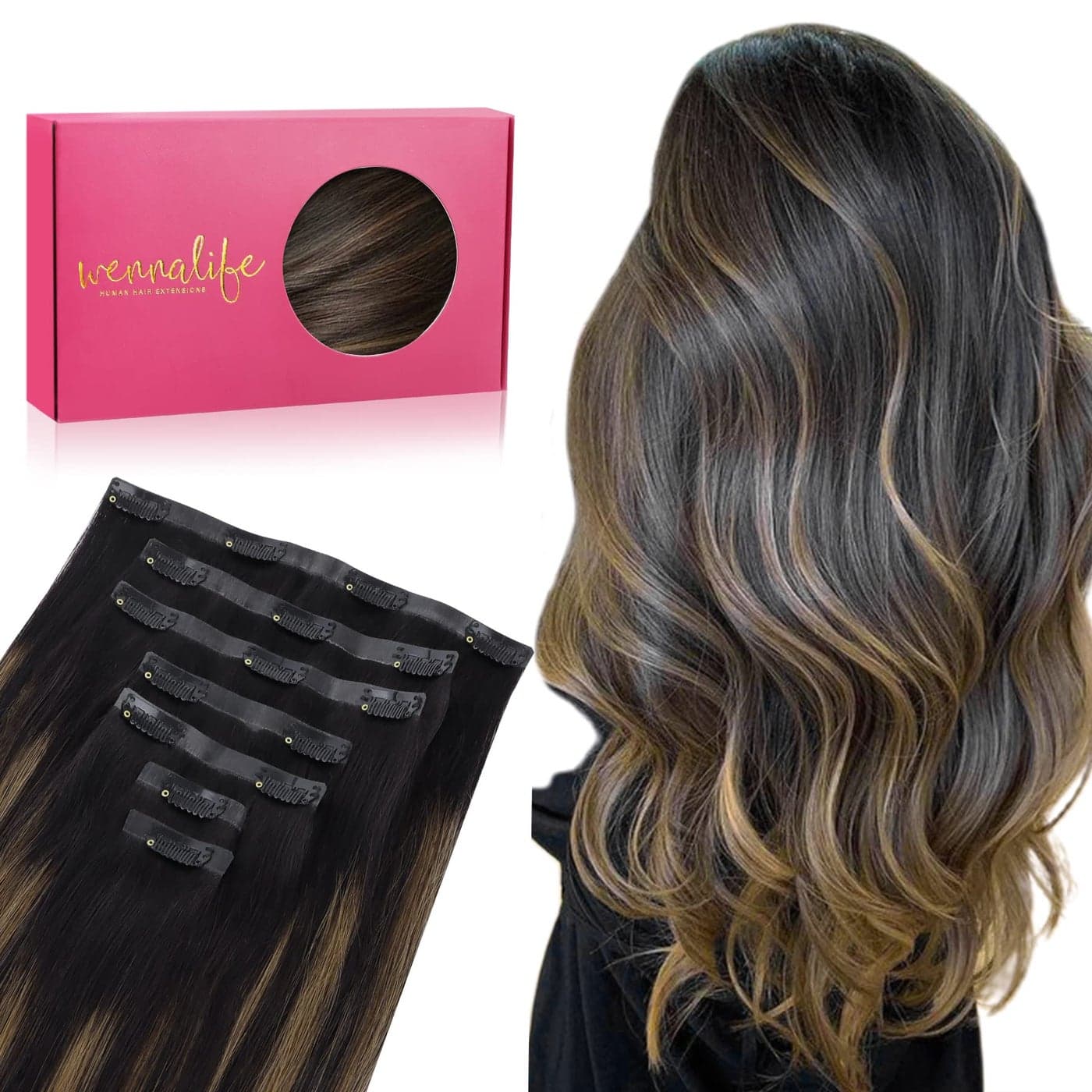 WENNALIFE Seamless Clip In Hair Extensions 22 Inch 130g 7pcs Natural Black Mixed Chestnut Brown Hair Extensions Clip in Human Hair Invisible PU Skin Weft Natural Remy Human Hair Extensions