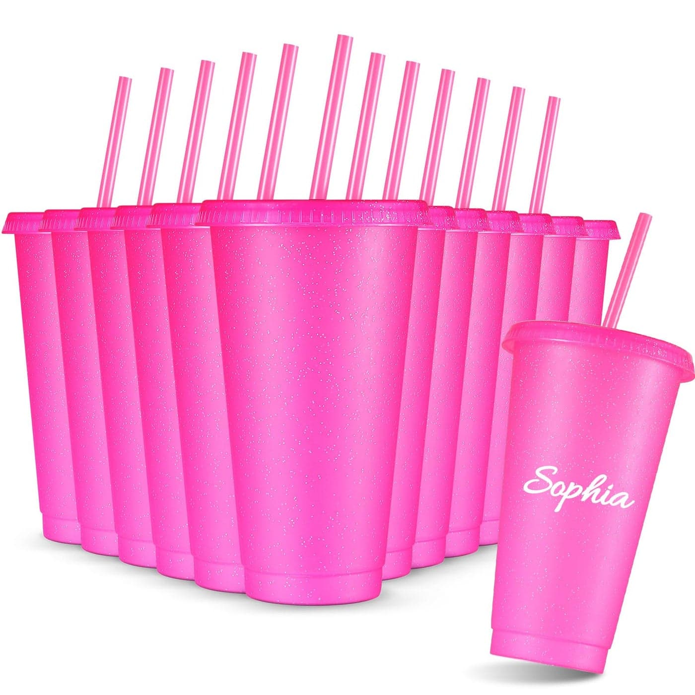 Amyhill 12 Pcs Reusable Glitter Cups with Lids and Straws 24 oz Plastic Tumbler Iced Coffee Cup Travel Mug Party Cups for Smoothie Juice Birthday Sleepover Party Supplies for GirlsHot Pink