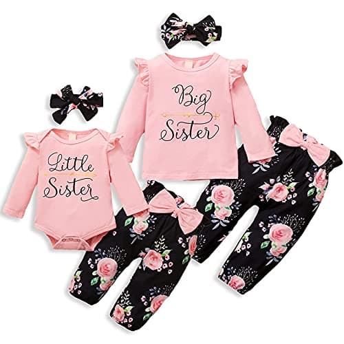 AMAWMW Sister Matching Outfits Pink Ruffle Long Sleeve Shirt Flowers Pants with Headband 3Pcs Clothes Set(0-3 Months, Little Sister, Pink-2)