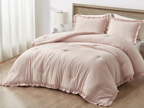 Chezmoi Collection Nora Blush Comforter Set King Size 3-Piece Fluffy Soft Stone-Washed Ruffled Shabby Chic Bedding for All Season
