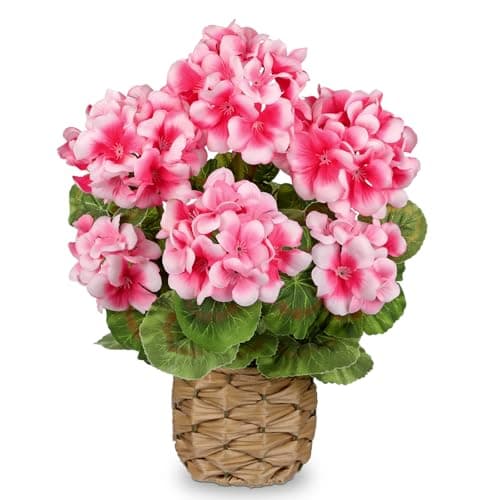 Briful Artificial Geraniums Flowers Potted Plant - 13.7'' Tall Faux Pink Silk Realistic Lush Geraniums Flowers in Basket, Indoor&Outdoor Decorative Plant, Farmhouse Home Porch Office Patio Table
