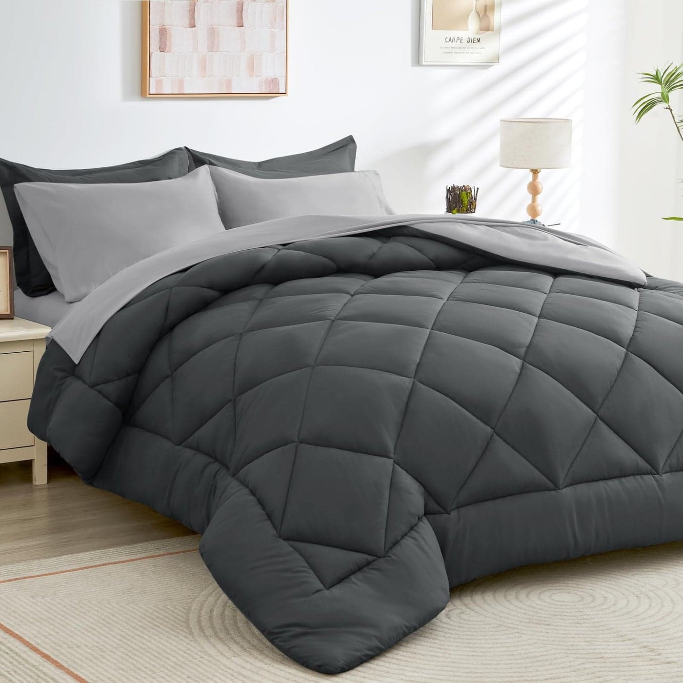 HEVUMYI Queen Comforter Set 7Piece All Season Bed in a Bag Queen Ultra Soft Bedding Set with Comforter Flat Sheet Fitted Sheet Pillowcases Pillow Shams Dark Grey Light Grey