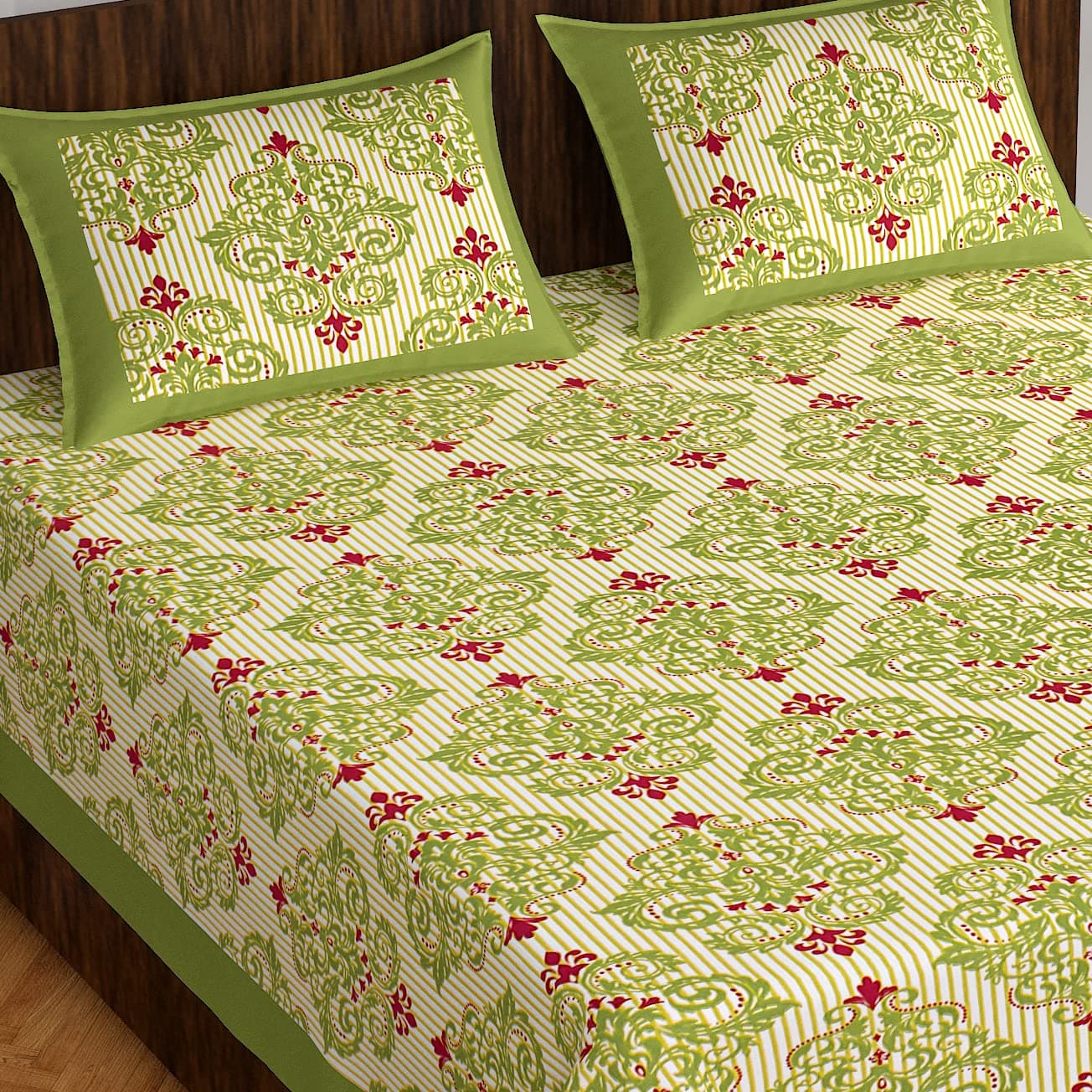 Meejoya 100 Cotton Rajasthani Jaipuri Traditional King Size Double Bed Bedsheet With 2 Pillow CoversJaipurbed_1160 TCGreen