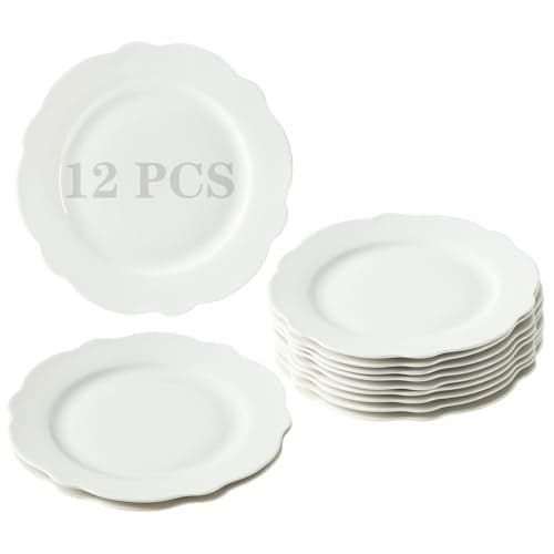 7.5 Inch Porcelain Small Dinner Plates Set of 12, White Leave Wave Rim Appetizer Plates, Dessert Salad Plates, Ceramic Serving Dishes for Cake, Snack, Ice Cream, Waffles, Microwave, Dishwasher Safe
