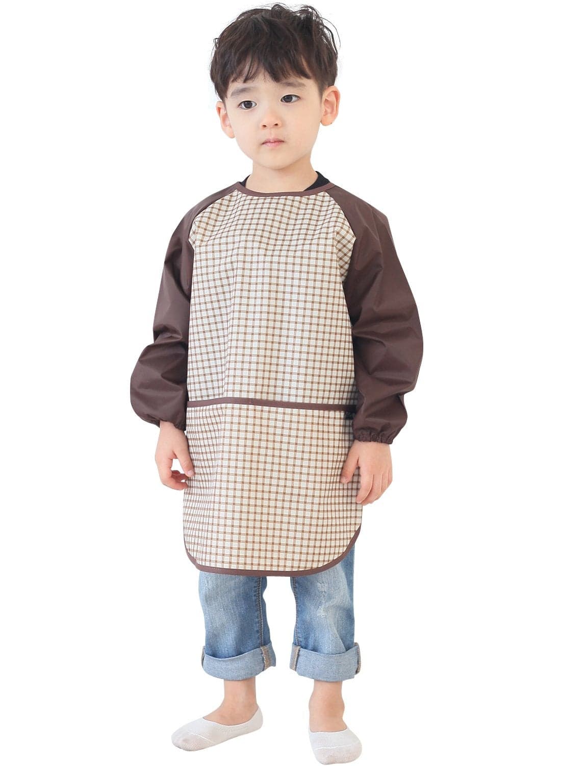 Plie Kids Painting Apron – Waterproof Long Sleeve Art Smock for Toddlers & Preschoolers, Messy Play, Baking, Crafts, Cooking, Sensory Activities (Ages 1–10), Brown Check (18-S)