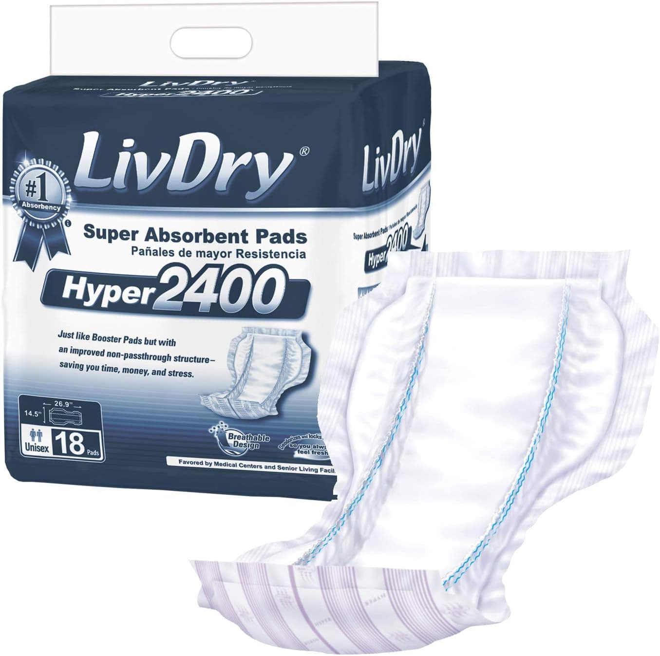 LivDry High Absorbency Pad Insert for Incontinence Briefs and Adult Diapers, Women and Men, Hyper 2400 (18 Count)