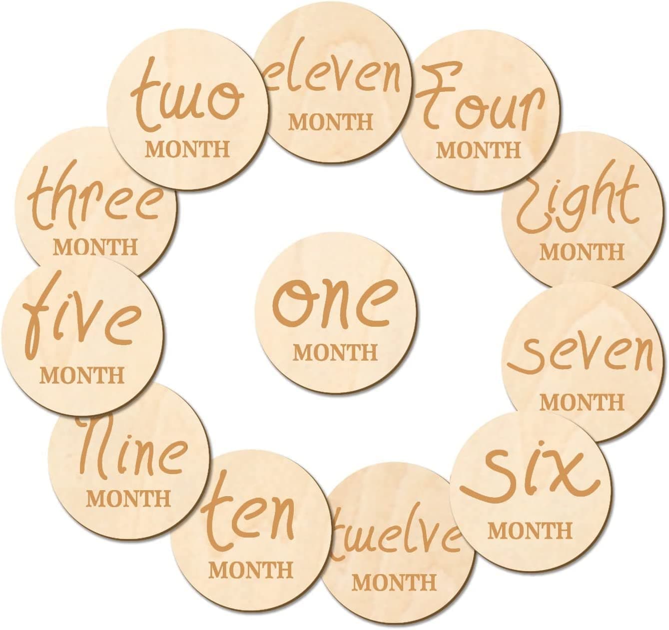 Haoser 12 PCS Wooden Baby Monthly Milestone - Milestone Photo Cards, 1-12 Months Wood Milestone Disc Set, Birth Announcement Sign for First Year Picture Props, 4 inch Diameter
