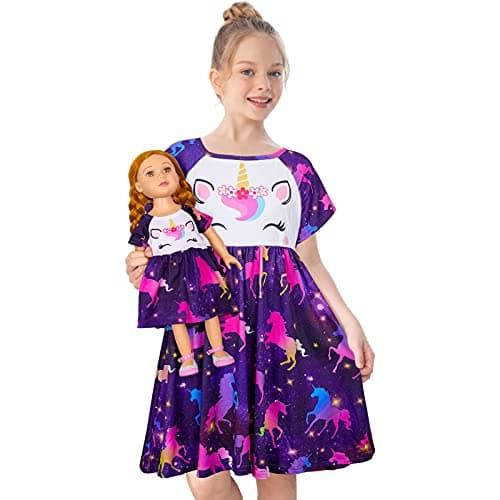 Play Tailor Doll and Girl Matching Nightgown Unicorn Outfit Pajamas Night Dress for Girls and 18" Dolls Clothes (Doll Not Included), 8-9 Years, Fancy Purple