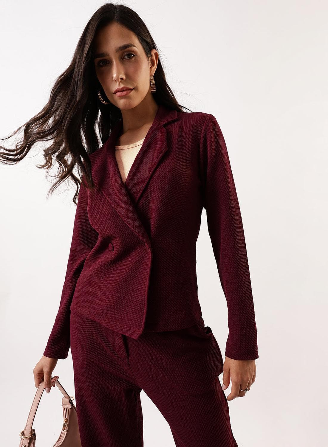 Women's Maroon 100% Polyester Solid Single-Breasted Upper Full Length Casual Bottom Regular Fit Co-Ords