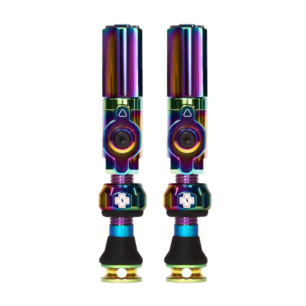 MucOff Big Bore Hybrid Tubeless Valves Iridescent 30mm Precision Engineered Dust Caps for Bikes with Revolutionary Airflow Technology Schrader Valve Caps for Tubeless MTBRoadGravel Bikes