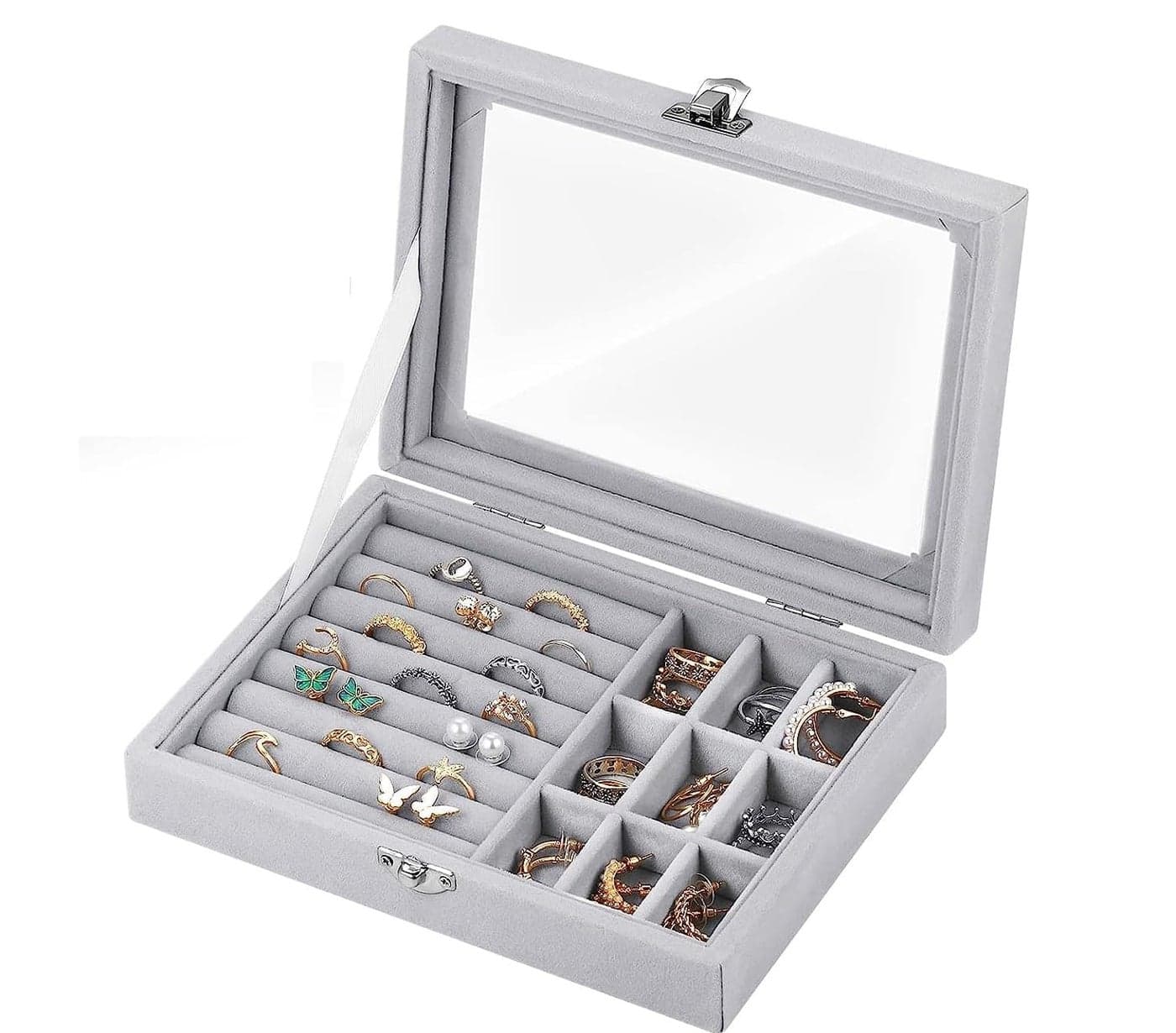 AMYUZ INTERNATIONAL Premium Women Jewelry Storage Box, Open Window Velvet Ring, Bracelets, Earrings Display, 9 Grids Lockable, Removal Tray, Ring Slot, Jewelry Tray Travel Case (pack of 1 piece, grey)