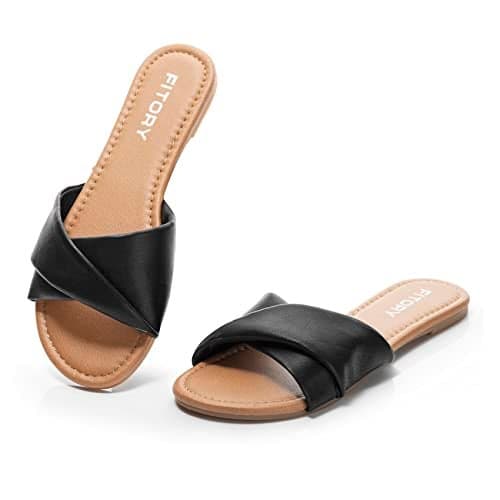 FITORY Women's Flat Sandals Fashion Slides With Soft Leather Slippers for Summer Black Size 10