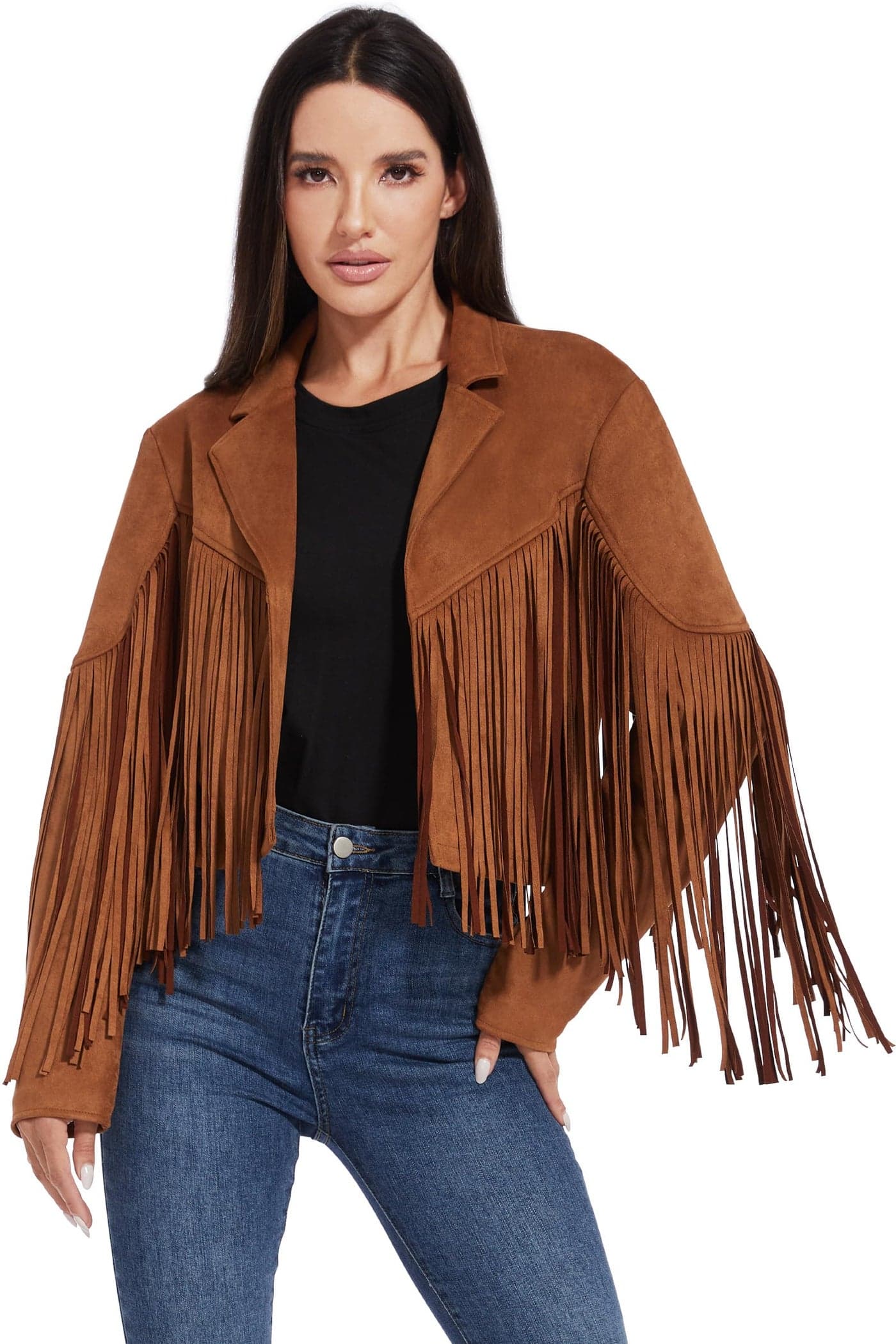 Fahsyee Fringe Leather Jacket Women, Western Cowgirl Outfits for Women Country Concert Wear Suede Cropped Coat Brown M