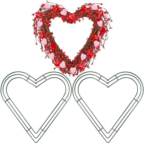 Aodaer 2 Pack 14 Inch Heart Wire Wreaths Frame Heart Metal Wreath Garland Green Wire Flower Wreath for Valentine's Day, Wedding Party, Home Ceremony Decoration