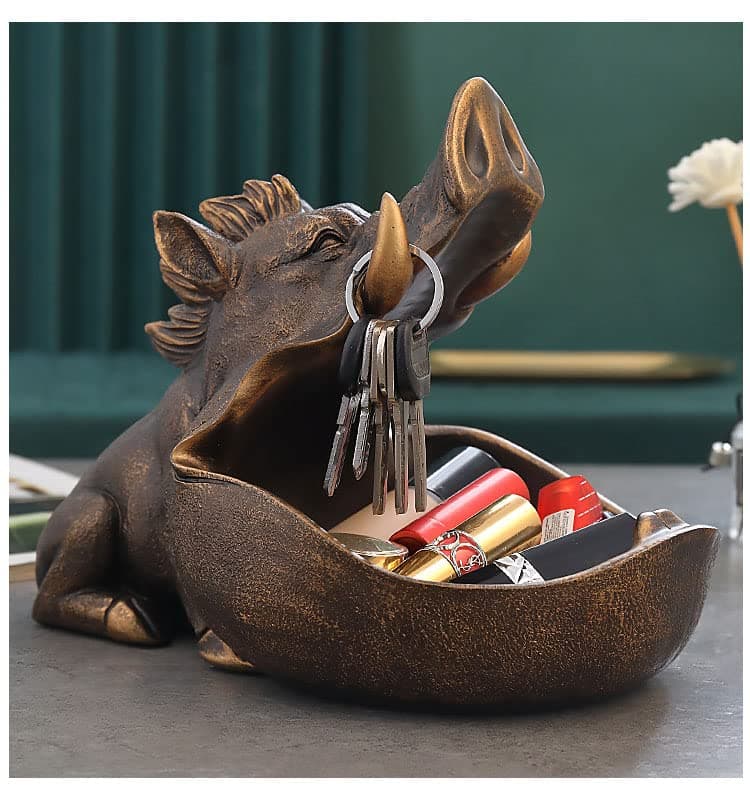 CUZOKOLA Large Funny Wild Boar Figurine Animal Candy Bowl for Office Desk Big MouthKey Holder Bowl TableCute Jewelry Necklace Earring Dresser Sundries Storage Holder Box Resin Sculpture Decor Gold
