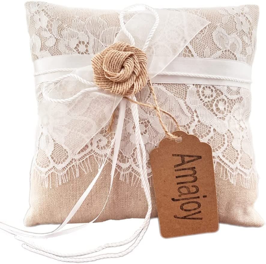 Amajoy Vintage Rustic Burlap Lace Wedding Ring Pillow 75 inch x 75 inch