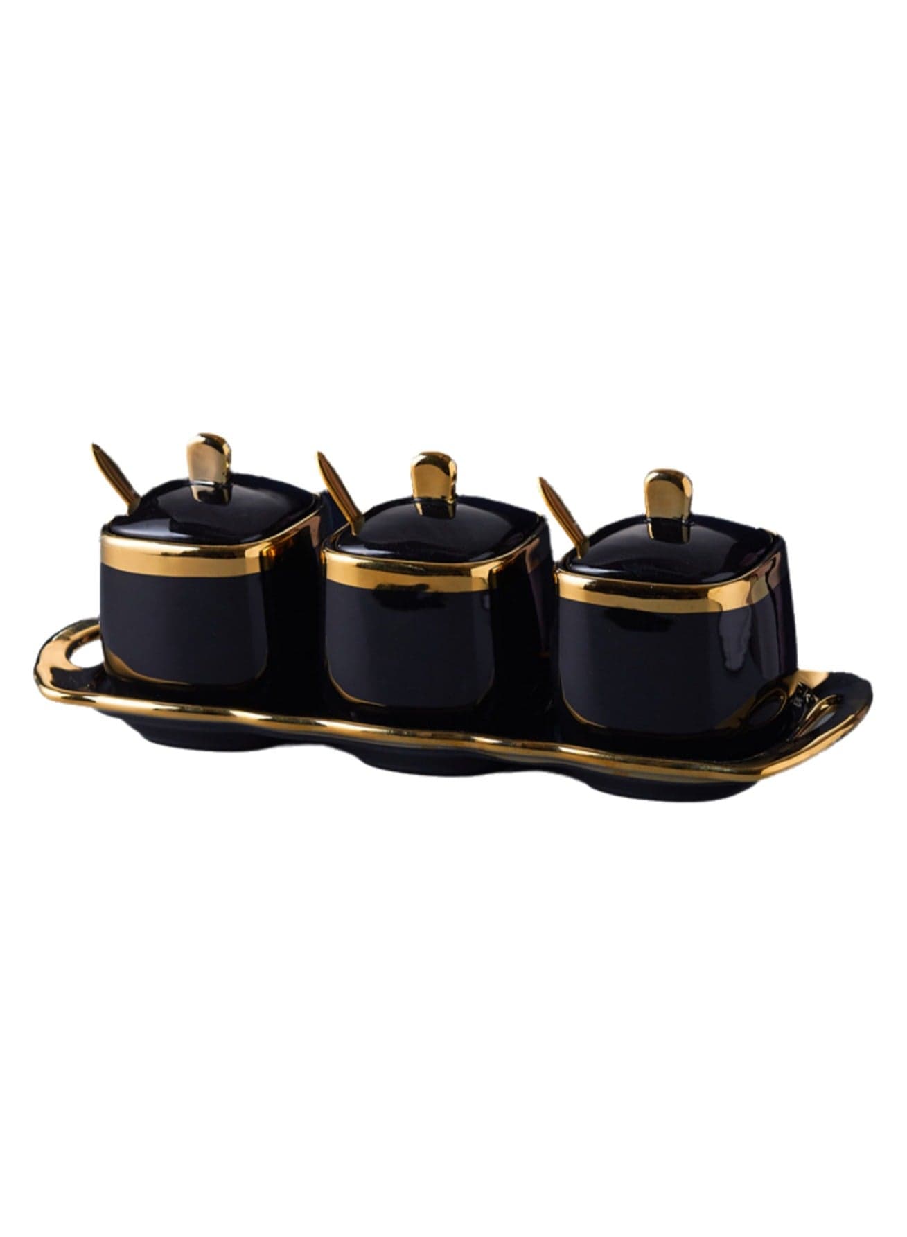 Light Luxury Gold Frame Ceramic Spice Jar Kitchen Supplies Spice Jar Set Household Seasoning Box Three-piece Set (Black)