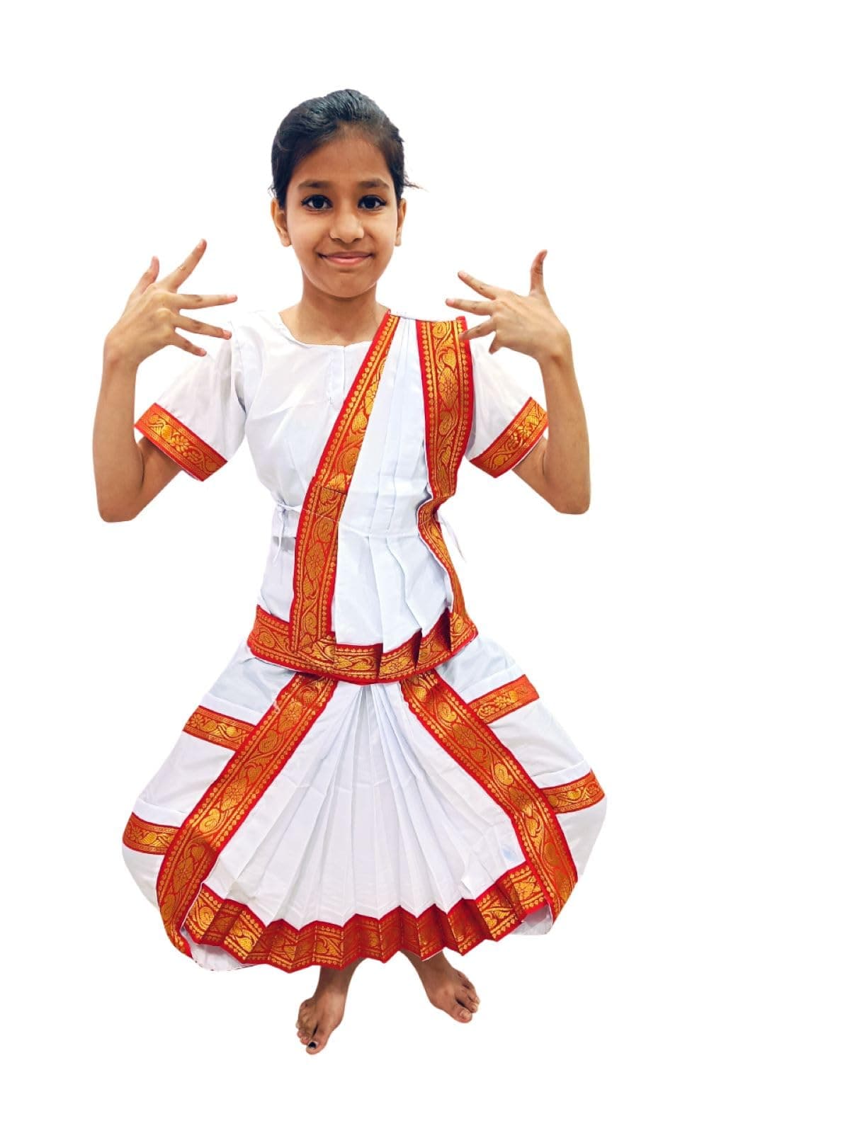 BookMyCostume Red & White Bharatanatyam Saree Indian Classical Dance Costume for Girls | Kids & Adult Fancy Dress costume for 4-5 Years