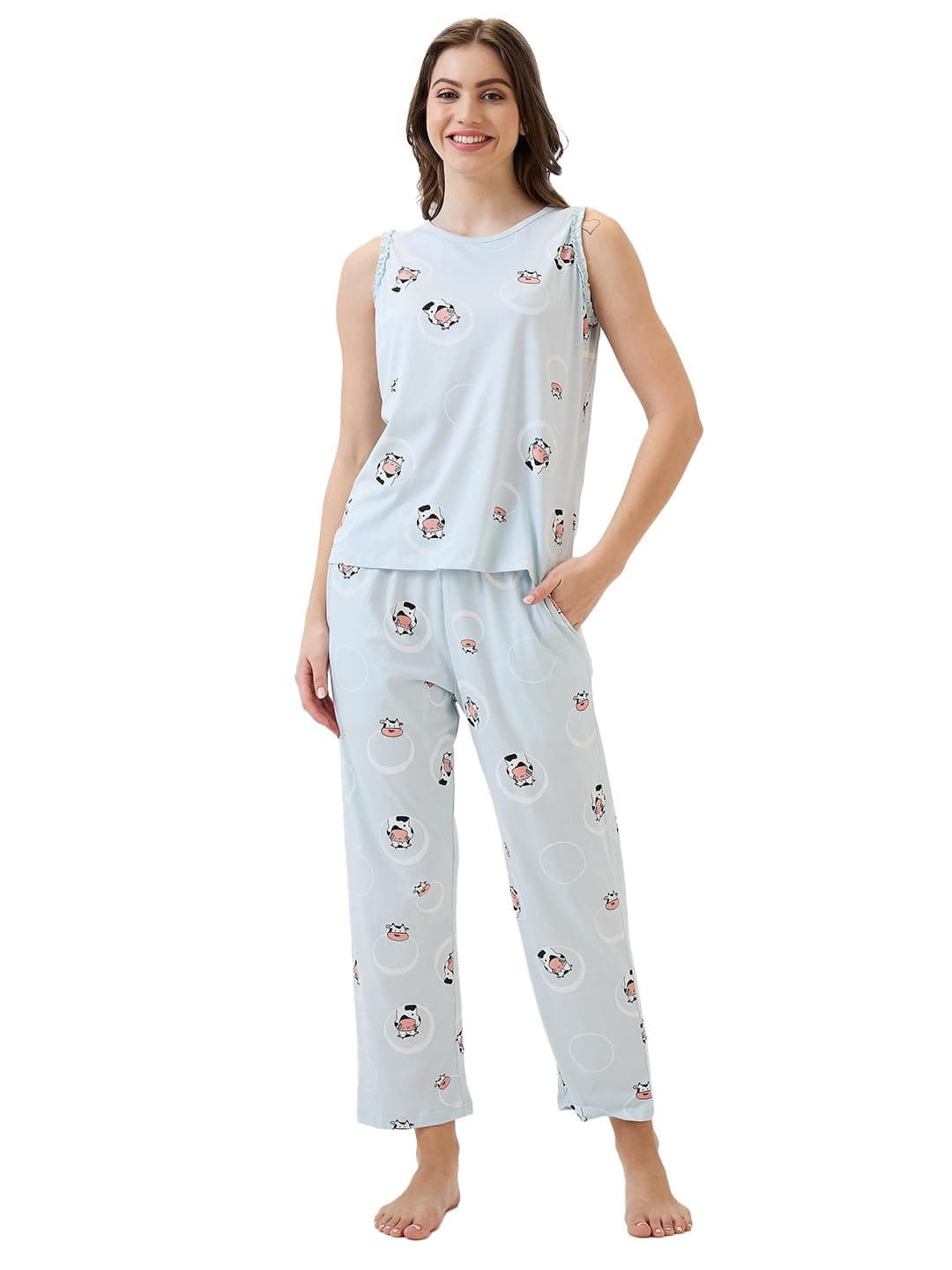 AV2 Women's Cotton Printed Round Neck Sleeveless Nightsuit Set | Pajama Set | Casual Night Dress for Women Blue X-Large 2888